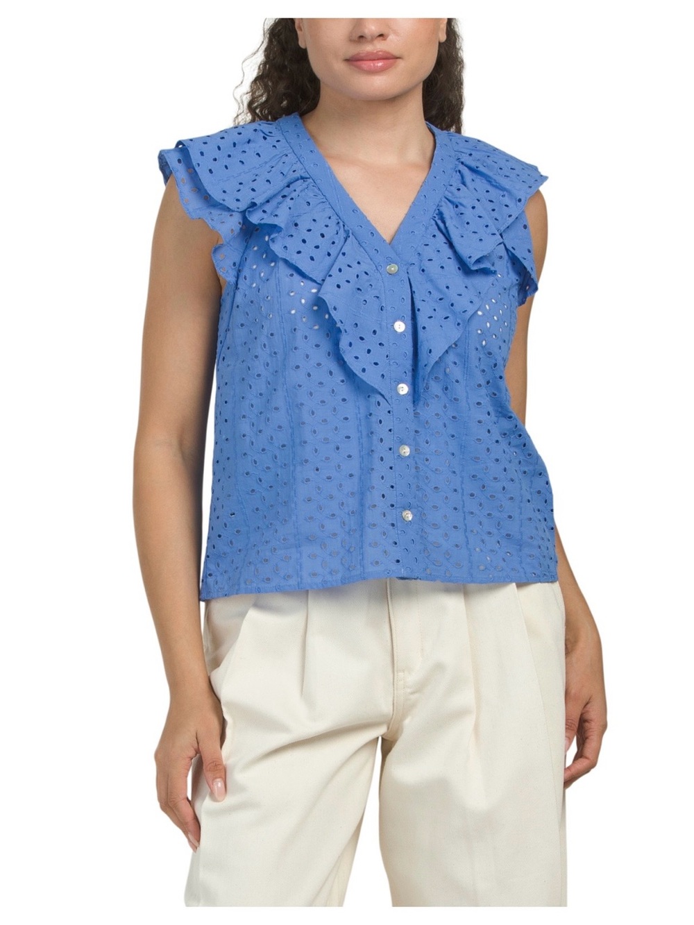 Lapis Blue Eyelet Ruffle V-Neck Sleeveless BLOUSE 💙 NWT 💙